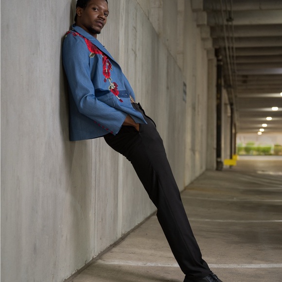 Stylish Blue Blazer with Red Floral Design - Picture 3 of 3